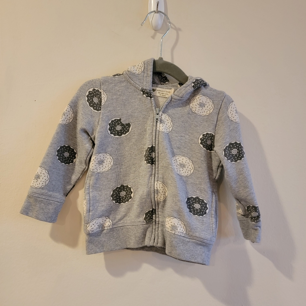 Monica + Andy Donut Print Grey Zip Up Hoodie Sweatshirt Organic Cotton 12-18 Mon